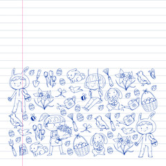 Vector pattern with easter and spring elements. Eggs in basket, bunny, flowers, birds