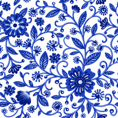 Fototapeta na wymiar Floral watercolor pattern with blue flowers