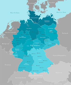 Vector modern illustration. Simplified geographical  map of Germany and nearest european states. Blue background of North and Baltic seas. Names of Deutsch cities and provinces.
