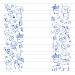 Vector pattern with easter and spring elements. Eggs in basket, bunny, flowers, birds