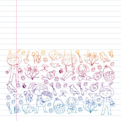 Vector pattern with easter and spring elements. Eggs in basket, bunny, flowers, birds