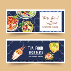 Thai food banner design with green curry, shrimp tom yum soup illustration watercolor.