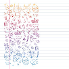 Vector pattern with easter and spring elements. Eggs in basket, bunny, flowers, birds