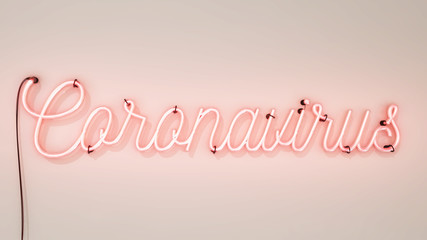 Bright pink neon sign that says the word Coronavirus on a white wall background