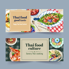 Thai food banner design with dry rice salad illustration watercolor.