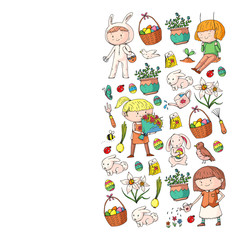 Vector pattern with easter and spring elements. Eggs in basket, bunny, flowers, birds