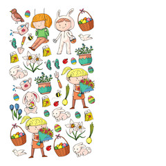 Obraz na płótnie Canvas Vector pattern with easter and spring elements. Eggs in basket, bunny, flowers, birds