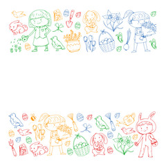 Vector pattern with easter and spring elements. Eggs in basket, bunny, flowers, birds