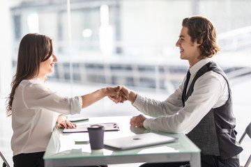 Businessman and businesswoman shaking hands in the office