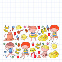 Children summer vacation. Holidays with little kids. Sea, beach and ocean. Travel and adventure vector pattern.