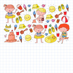 Children summer vacation. Holidays with little kids. Sea, beach and ocean. Travel and adventure vector pattern.