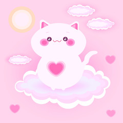 pink cat with heart greeting vector card