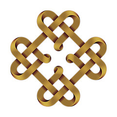 Symbol of four hearts made with golden wires intertwined as celtic knot. Vector illustration.