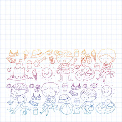 Children summer vacation. Holidays with little kids. Sea, beach and ocean. Travel and adventure vector pattern.