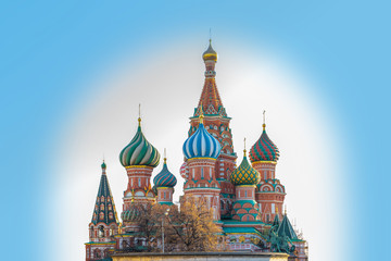 Fototapeta na wymiar St. Basil Cathedral in Moscow, beautiful design postcard. Frontal view of the famous temple in the capital of Russia. St. Basils Cathedral isolate on blue sky