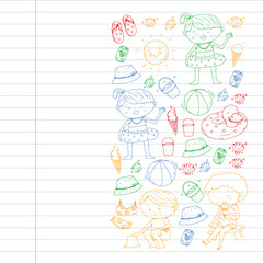 Children summer vacation. Holidays with little kids. Sea, beach and ocean. Travel and adventure vector pattern.