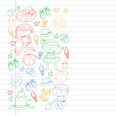 Children summer vacation. Holidays with little kids. Sea, beach and ocean. Travel and adventure vector pattern.