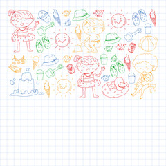 Children summer vacation. Holidays with little kids. Sea, beach and ocean. Travel and adventure vector pattern.
