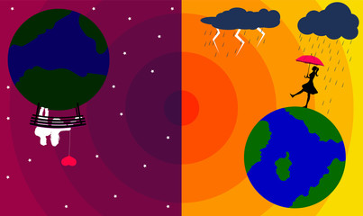 Fototapeta premium people on the background of planets stars and sun