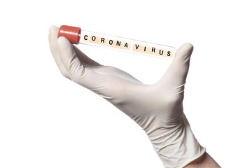 coronavirus concept: hand holding a test tube with word corona virus isolated on white background...