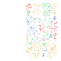 Children summer vacation. Holidays with little kids. Sea, beach and ocean. Travel and adventure vector pattern.