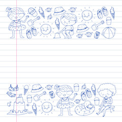 Children summer vacation. Holidays with little kids. Sea, beach and ocean. Travel and adventure vector pattern.