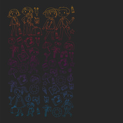 Vector pattern with travel and beach icons. Parents with little kids. Children summer vacation.