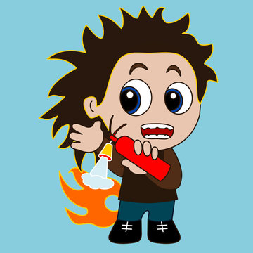 emoticon with guy with flaming butthurt that tries to put out the fire with extinguisher, vector emoji in color