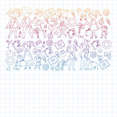 Vector pattern with travel and beach icons. Parents with little kids. Children summer vacation.