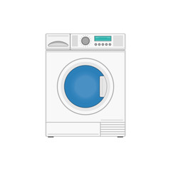 Automatic washing machine in flat style. Front View of white washer. Modern laundromat. Auto Washing appliance for household chores. Vector illustration EPS 10.