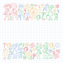 Vector pattern with travel and beach icons. Parents with little kids. Children summer vacation.