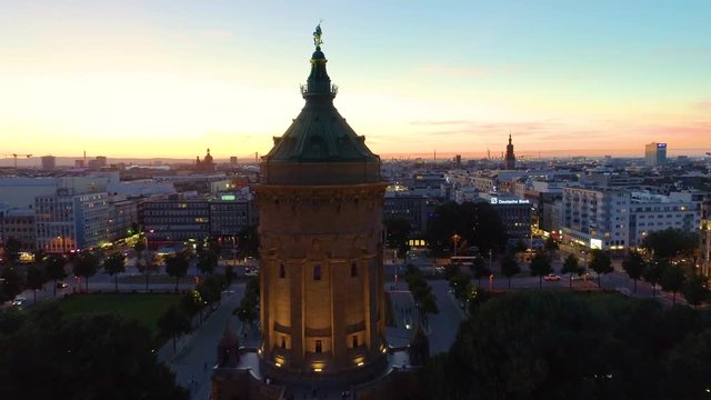 Mannheim Water Tower / Aerial /Sunset