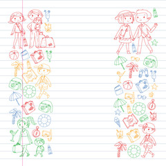 Vector pattern with travel and beach icons. Parents with little kids. Children summer vacation.