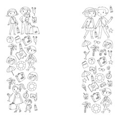 Vector pattern with travel and beach icons. Parents with little kids. Children summer vacation.