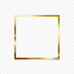 Gold shiny glowing vintage frame with shadows isolated on transparent background. Wedding, mothers or Valentines day concept. Metal gradient. Golden luxury realistic border. Vector EPS 10.