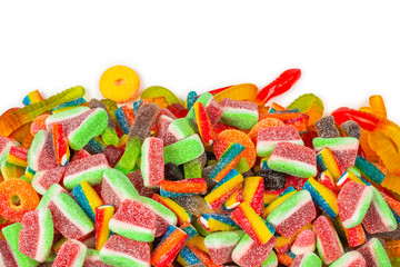 Assorted gummy candies. Top view. Jelly  sweets background.