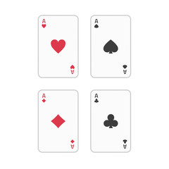 Four aces playing cards spades hearts diamonds clubs. Poker, gambling concept. Vector icons in flat style isolated on white background.
