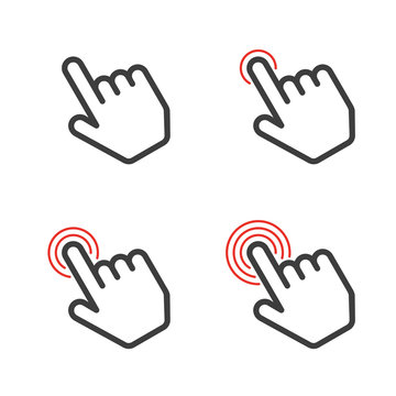 Click here the button. Hand sign with touching a buttons or pointing finger. Hands cursor icon. Vector illustration in flat style. EPS 10.