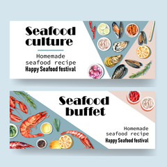 Seafood banner design with lobster, oyster, mussel illustration watercolor.