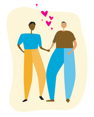 Fototapeta na wymiar A african american man and european boyfriend and rainbow hearts as concept against homophobia and lgbt tolerance, vector wounded stock illustration with romance and couple gays for design