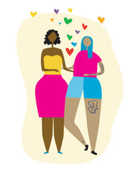 A african american lesbian and girl friend asian with tattoo and love isolated on white background for design as Against Homophobia concept, a flat vector stock illustration with romantic couple