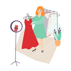 Fototapeta na wymiar Illustration of a young Slavic blogger girl with red hair shows dresses clothes on video, photo. A girl stylist shoots on the camera phone for a blog. home vlog.flat style, vector