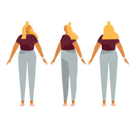 Fototapeta premium Set of body positions for animation. Front, side, rear. Different poses female character. Full young blond woman. Vector trendy illustration, flat style. White background, isolated. 