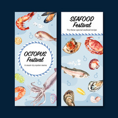 Seafood flyer design with mussel, oyster, fish illustration watercolor.