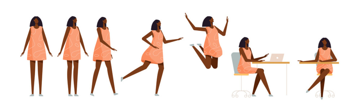Set of a black woman in different poses. Female character for your design project, animation. Vector trendy illustration, flat style. White background, isolated. Girl walk, stand, run, jump, sit