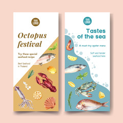 Seafood flyer design with amberjack fish, snapper, shrimp illustration watercolor.