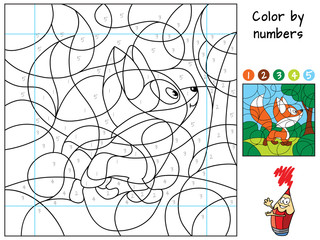 Funny little fox in the forest. Color by numbers. Coloring book. Educational puzzle game for children. Cartoon vector illustration