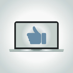 Icon of a hand with the extended finger ok on the screen of a gray laptop.