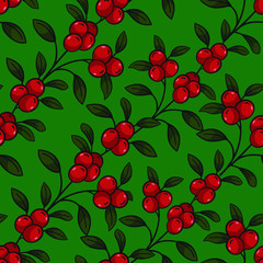 Vector seamless pattern with diagonal lingonberry twigs on green background; natural design for fabric, wallpaper, packages, wrapping paper, textile, web design.