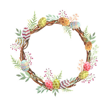 Illustration with colorful painted eggs on an Easter wreath of twigs in watercolor. Flower circle frame. Happy easter background. Spring symbol